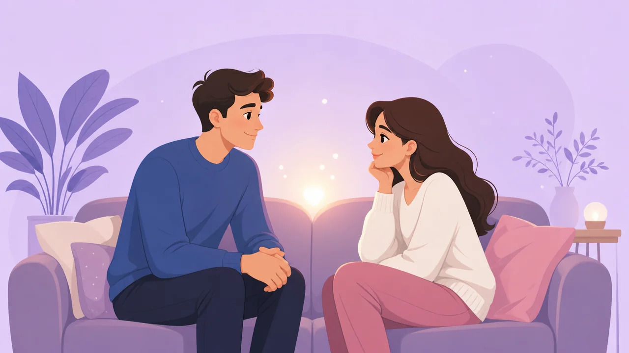 Two characters sitting knee to knee on a couch, a warm glow between them during a repair conversation