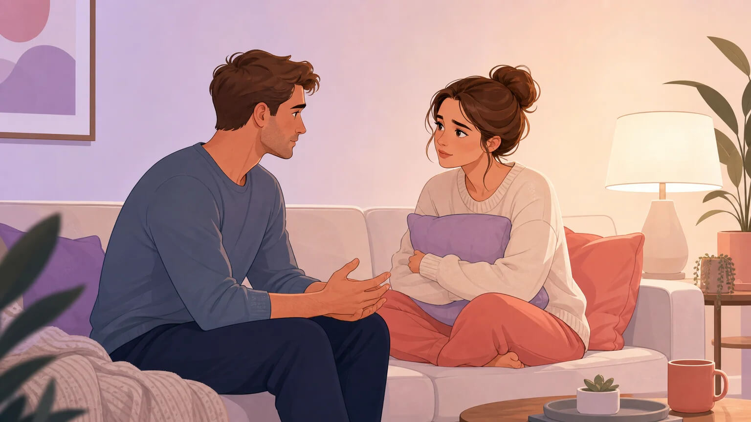 Couple having an honest, vulnerable conversation on the couch