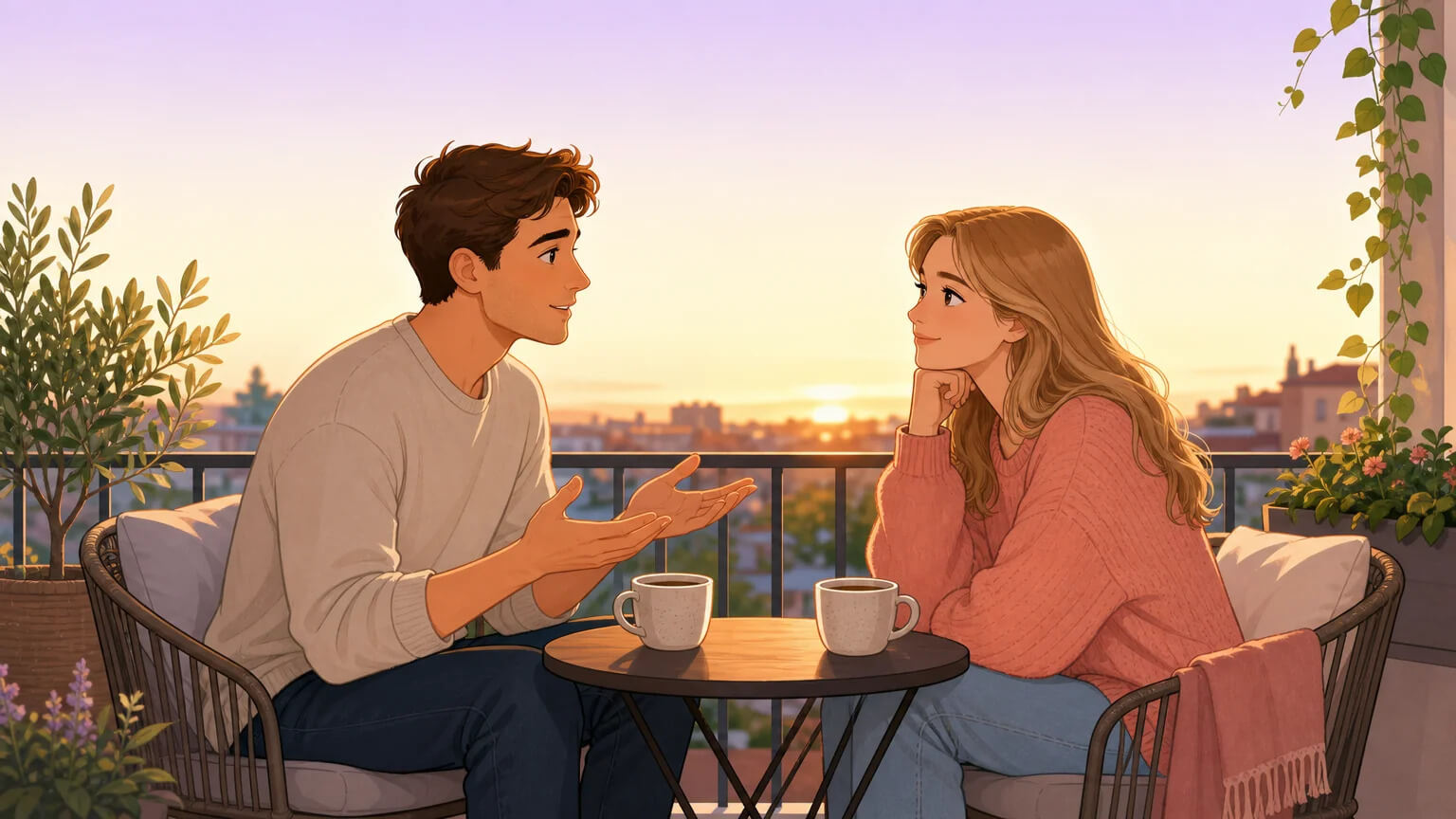 A couple sitting on a balcony at golden hour, one partner speaking vulnerably while the other listens with care — warm, intimate flat illustration