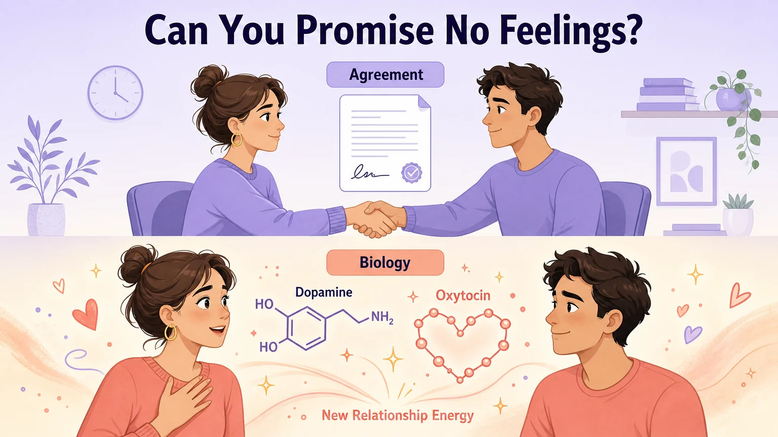 Illustration contrasting formal "no feelings" agreements with the biological reality of oxytocin, dopamine, and new relationship energy
