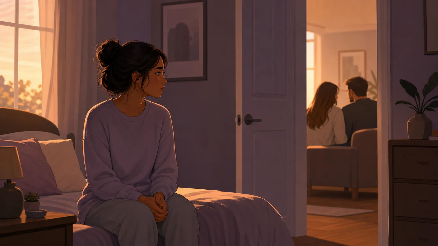A co-wife sitting alone on the edge of a bed, capturing the emotional experience of sharing a husband