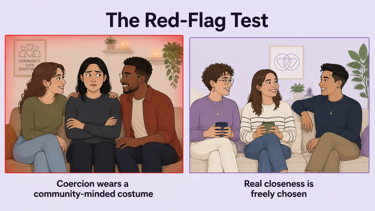 Side-by-side comparison showing coerced closeness versus freely chosen connection, with the red-flag test concept