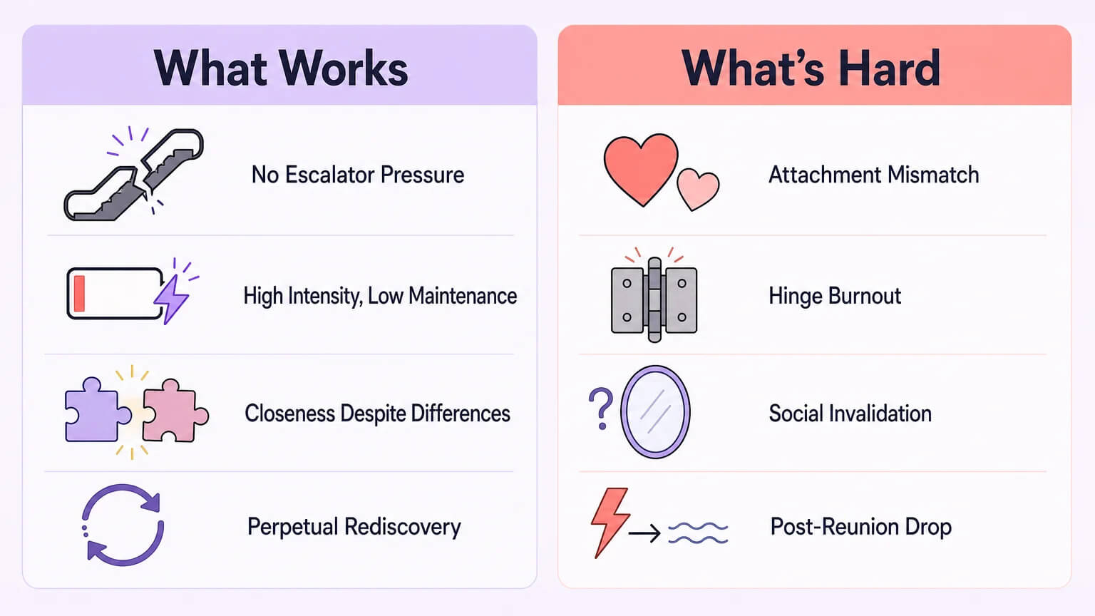 Two-column visual comparing the pros and cons of comet relationship dynamics — freedom from the escalator, high intensity low maintenance, closeness despite differences versus attachment mismatch, hinge burnout, and social invalidation