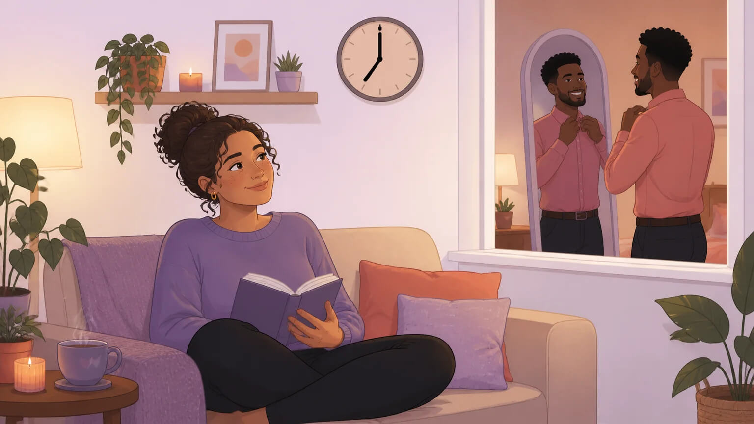 Compersion in action — one person sitting calmly on a couch, genuinely happy as their partner excitedly gets ready for a date in the next room