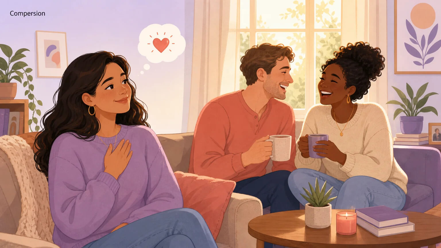 A warm living room scene: a woman sits on a couch smiling softly as she watches her partner and his other partner share a genuine laugh together. Golden afternoon light streams through the window. The word Compersion floats subtly in the corner