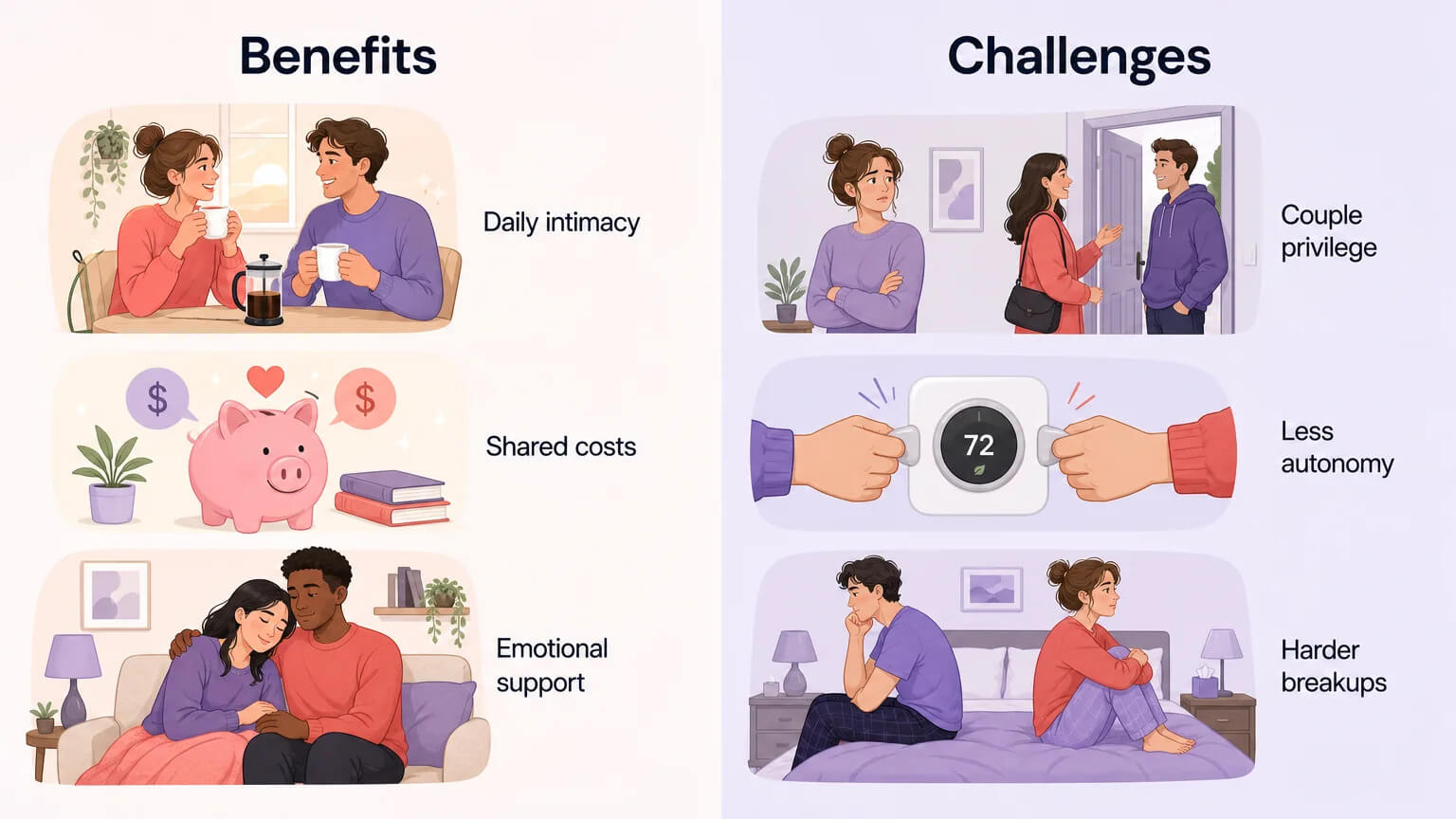 Concept image: a side-by-side comparison of benefits (daily intimacy, shared costs, emotional support) and challenges (couple privilege, less autonomy, harder breakups)