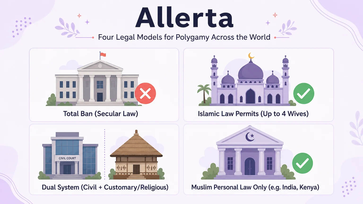 Four religious-legal models for polygamy: secular ban, Islamic law, dual system, Muslim personal law only