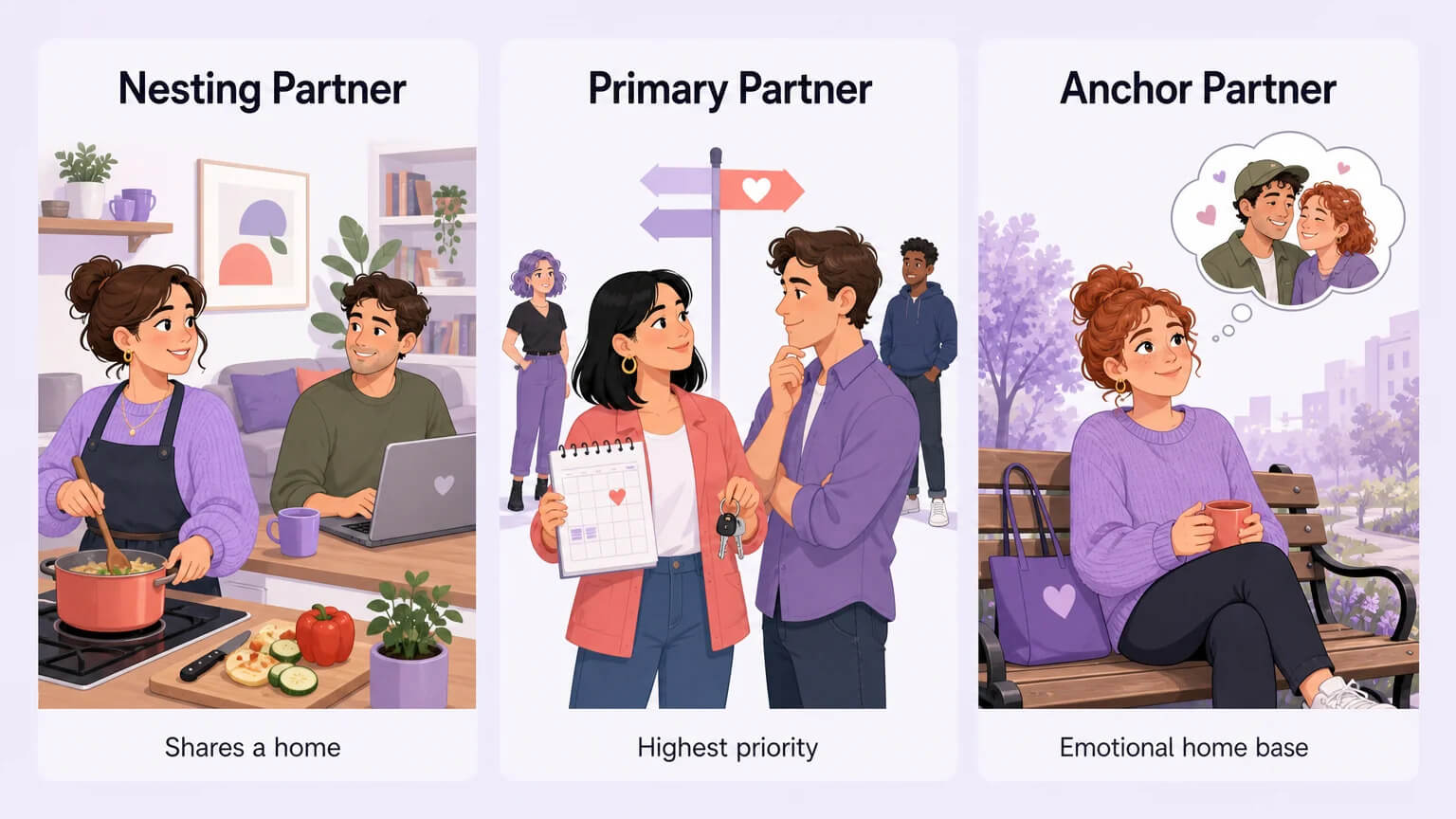 Comparison image: three columns comparing Nesting Partner, Primary Partner, and Anchor Partner across dimensions of cohabitation, hierarchy, and emotional primacy