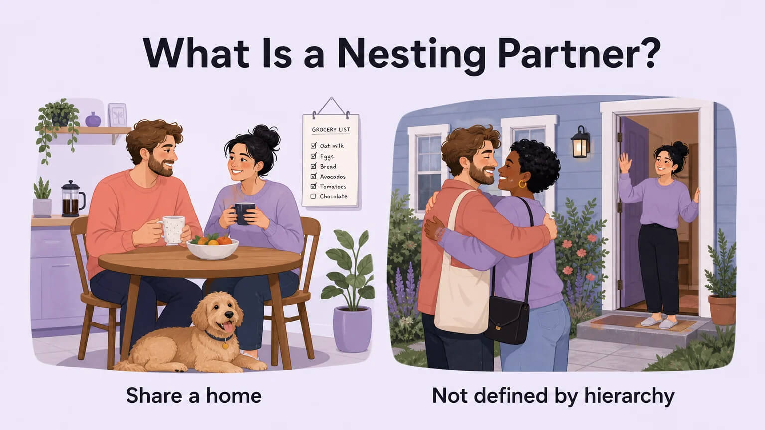 Concept image: a couple sharing domestic life in their home, with the labels "Share a home" and "Not defined by hierarchy"