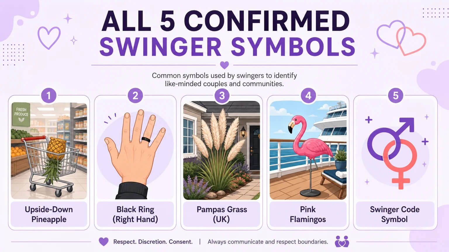 Five confirmed swinger symbols: upside-down pineapple, black ring, pampas grass, pink flamingos, and swinger code symbol