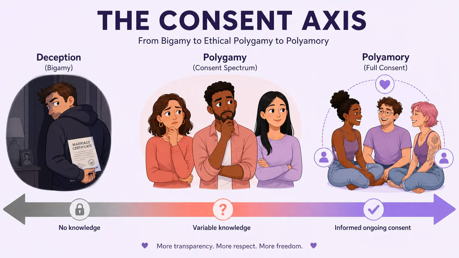 Consent spectrum from bigamy deception through polygamy to polyamory full consent