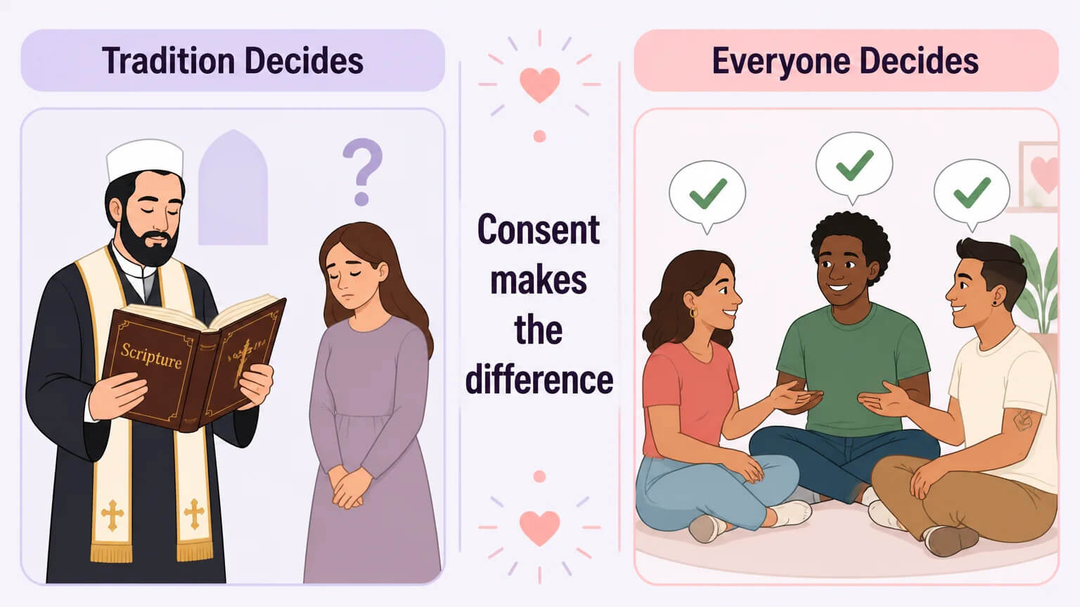 Two-panel comparison: Polygamy tradition decides without consent vs Polyamory everyone decides with enthusiastic mutual agreement
