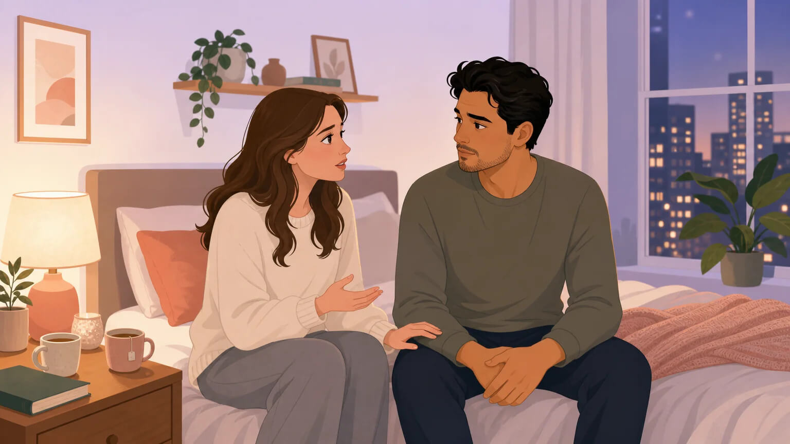 Intimate illustration of a couple sitting on the edge of their bed in warm lamplight, having a tender but difficult conversation — the moment of opening the door