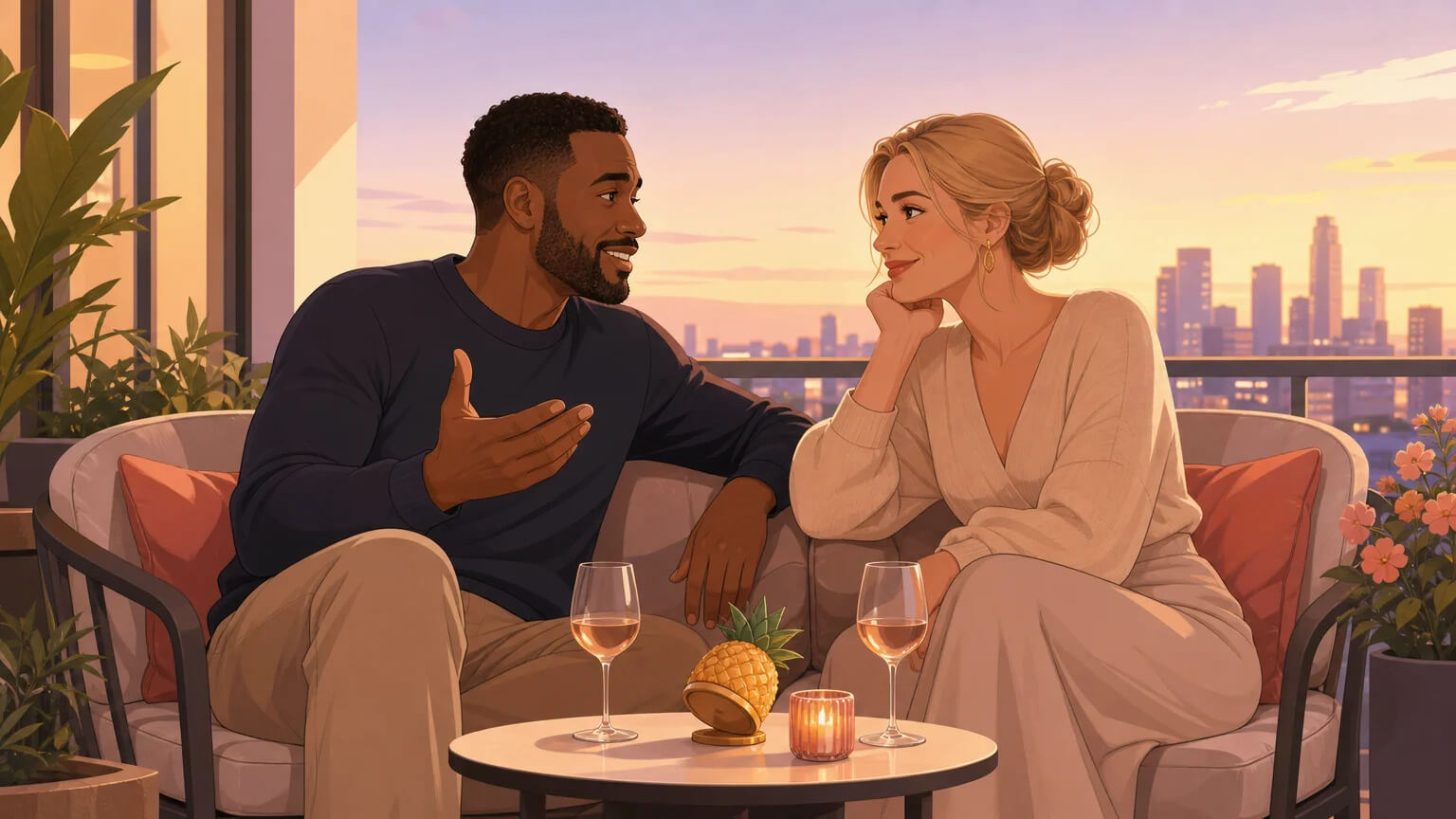 A couple having an intimate conversation on a balcony at golden hour — the kind of honest, trusting dialogue that defines how real lifestyle couples navigate curiosity together