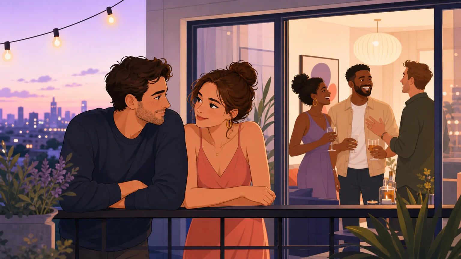 Two couples at a stylish house party — one couple having a quiet private moment on the balcony while the party continues inside