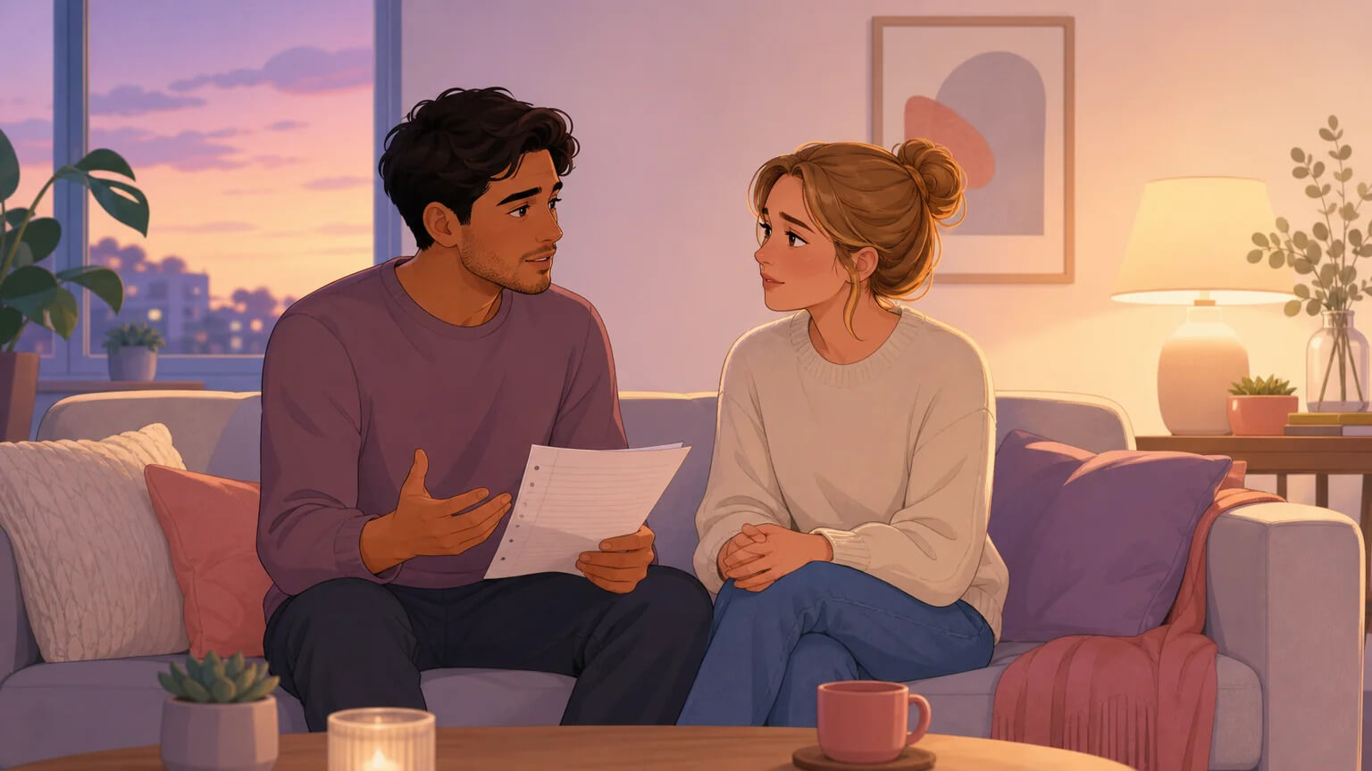 Two people on a sofa in warm evening light — one speaking gently with notes in hand, the other listening thoughtfully