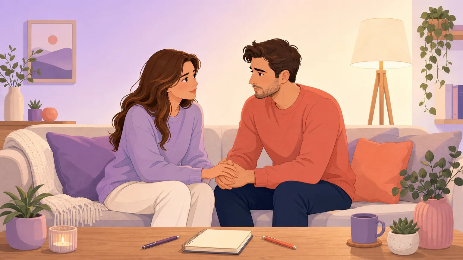 A couple having an honest conversation on the couch — the emotional preparation that comes before opening an app