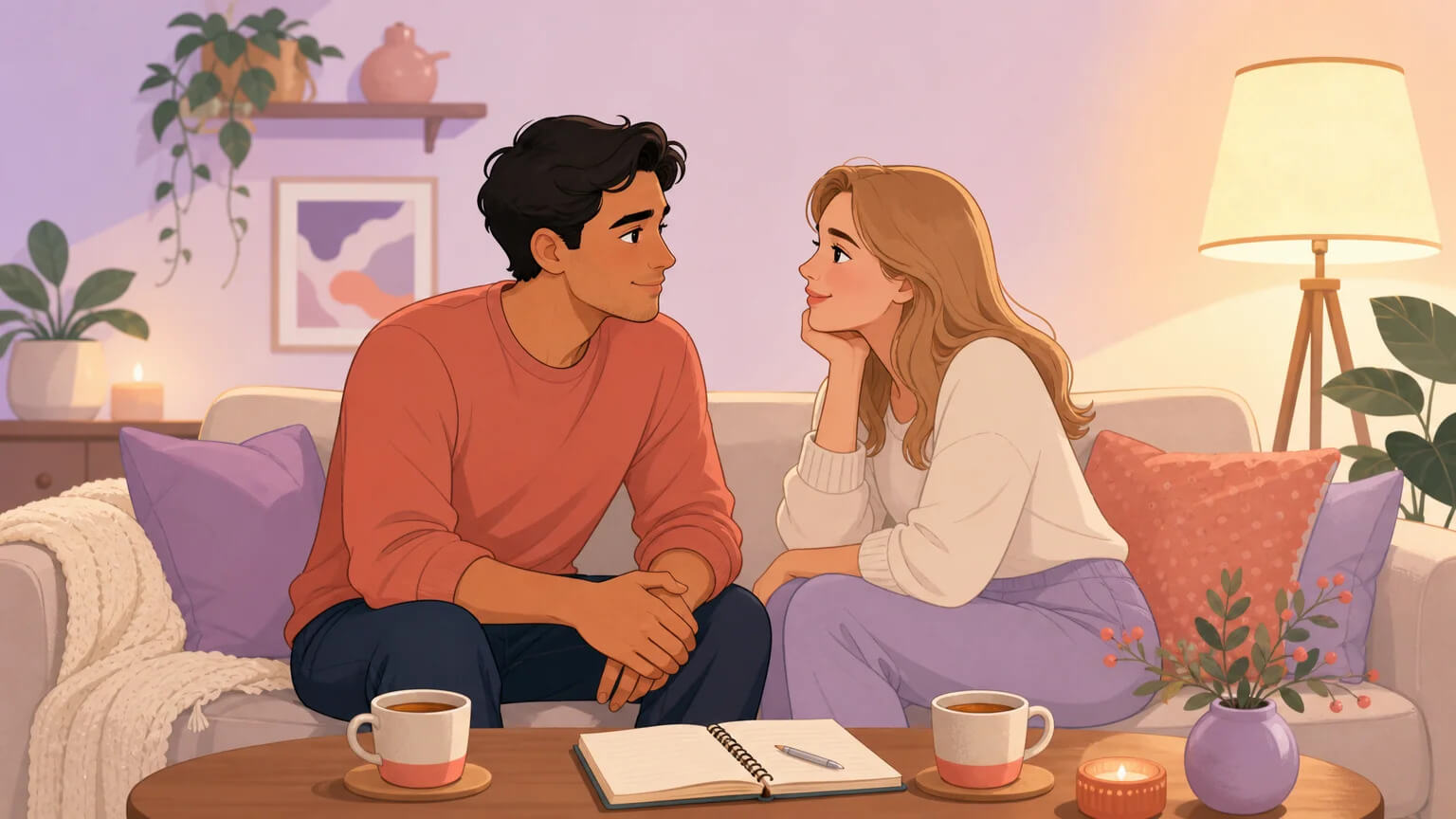A couple sitting together on their couch at home, having a quiet, open conversation before their night out — tender, grounded, aligned