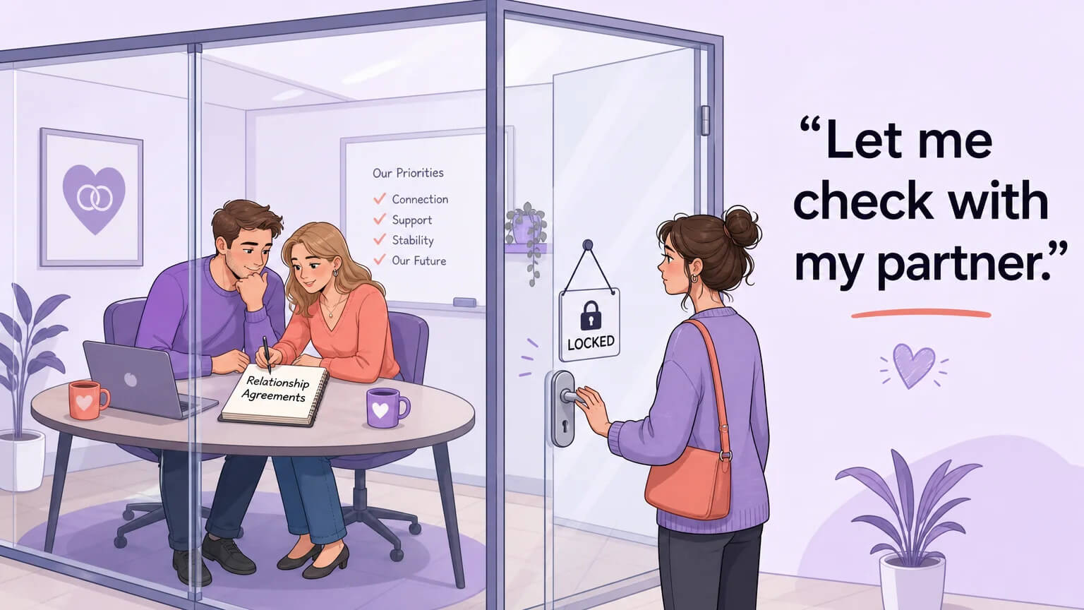 A glass conference room where a couple sits making decisions together, while a single woman stands locked outside — watching her fate being decided without her