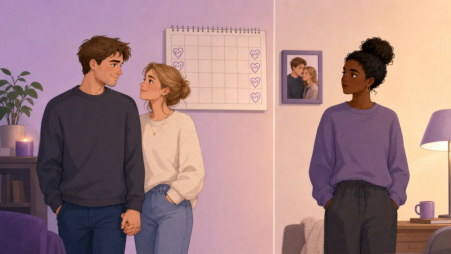 A quiet illustration of structural imbalance: a couple stands together on one side of a subtle divide while a single person stands alone on the other side — a calendar on the wall shows only the couple's plans