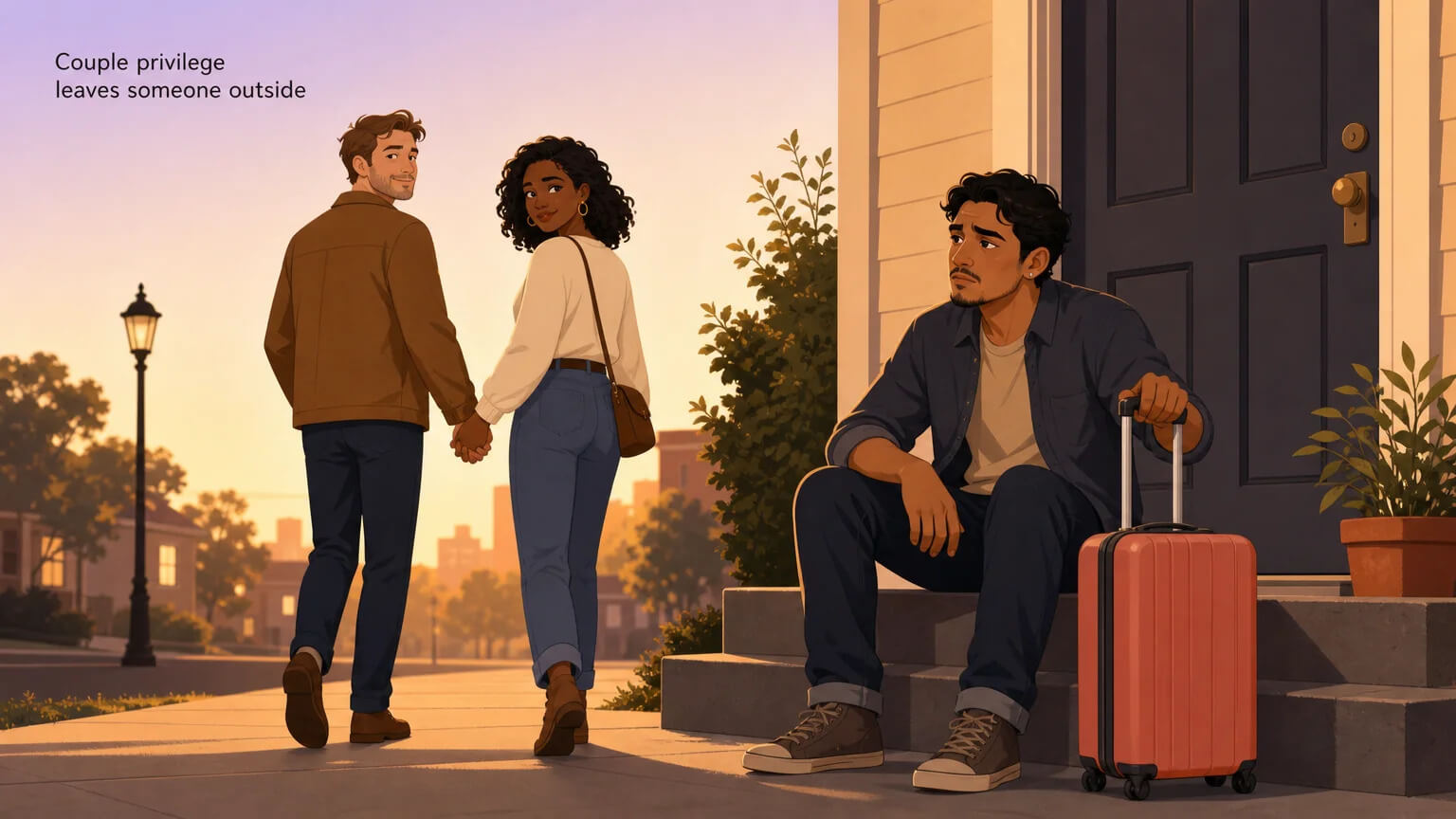 A third partner left outside while a couple walks away — illustrating couple privilege