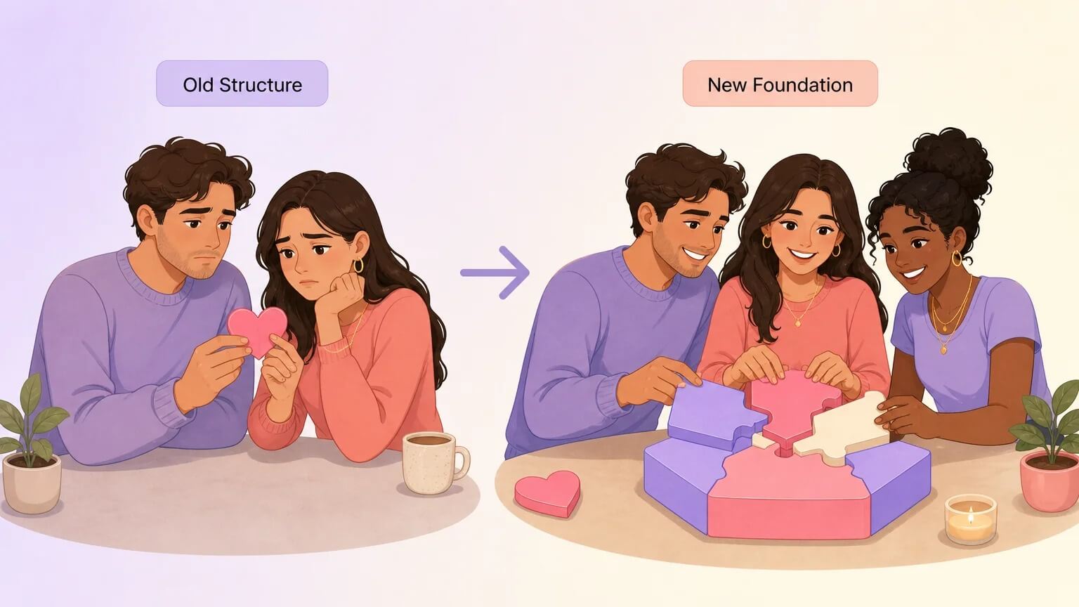 A couple dismantling their old relationship structure and building a new foundation together with a third partner