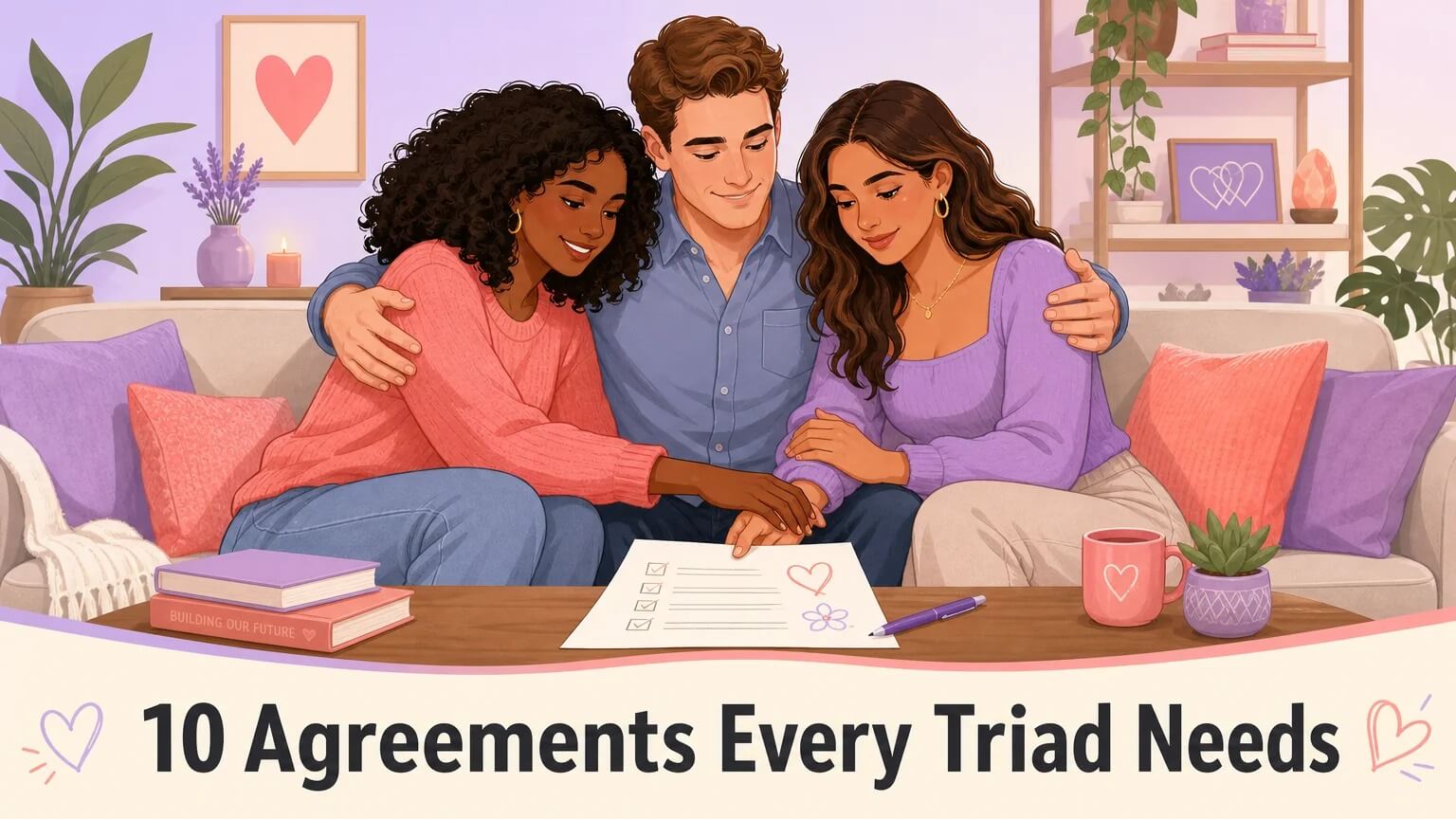 Throuple Relationship Rules — cover illustration showing three diverse people sitting together at a table, co-creating agreements