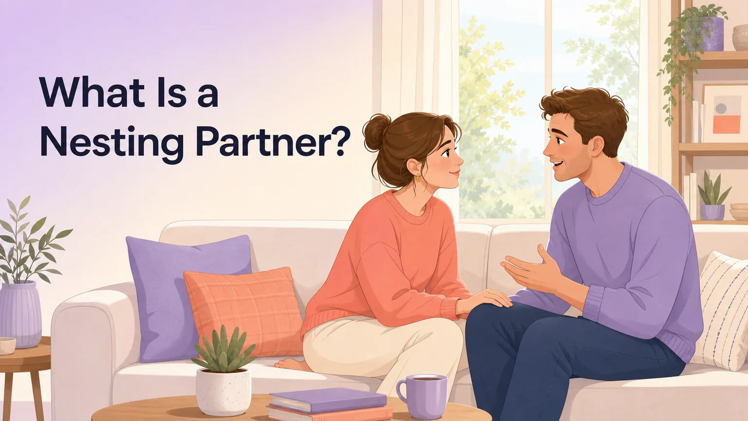 Cover image: a couple sitting on a modern sofa talking openly, soft warm lighting, with title text "What Is a Nesting Partner?"