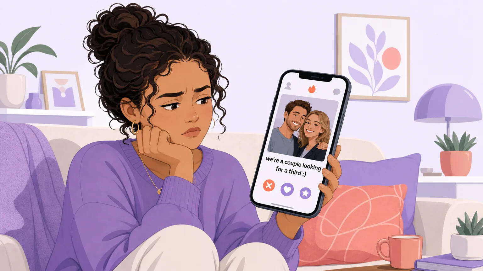 A woman on her couch looking at a dating app — a couple's profile appears with the message "we're a couple looking for a third"