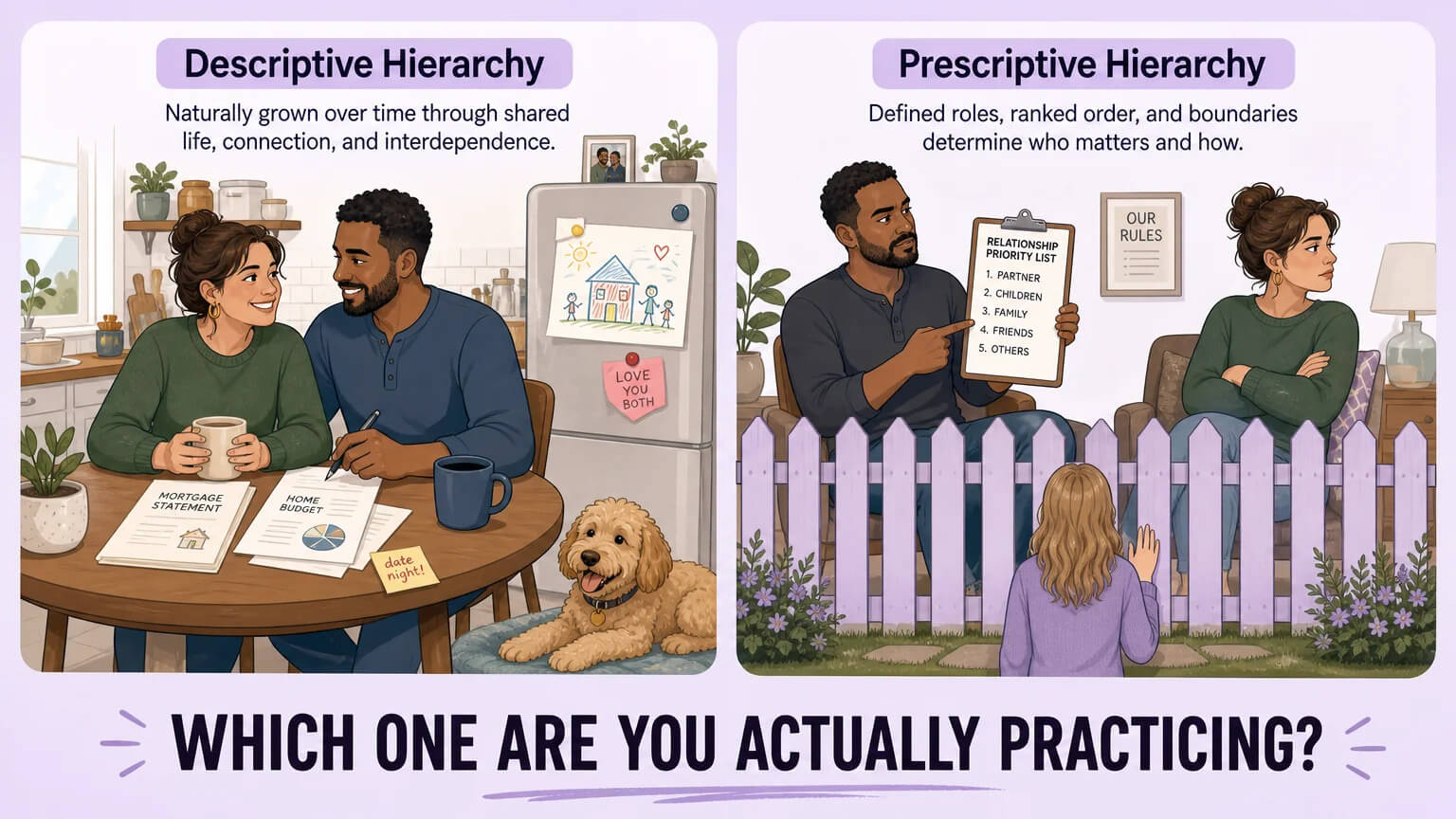 A two-panel comparison: left panel labeled "Descriptive Hierarchy" shows a couple organically entangled through shared life; right panel labeled "Prescriptive Hierarchy" shows the same couple with a clipboard of rules and a fence separating them from a third person