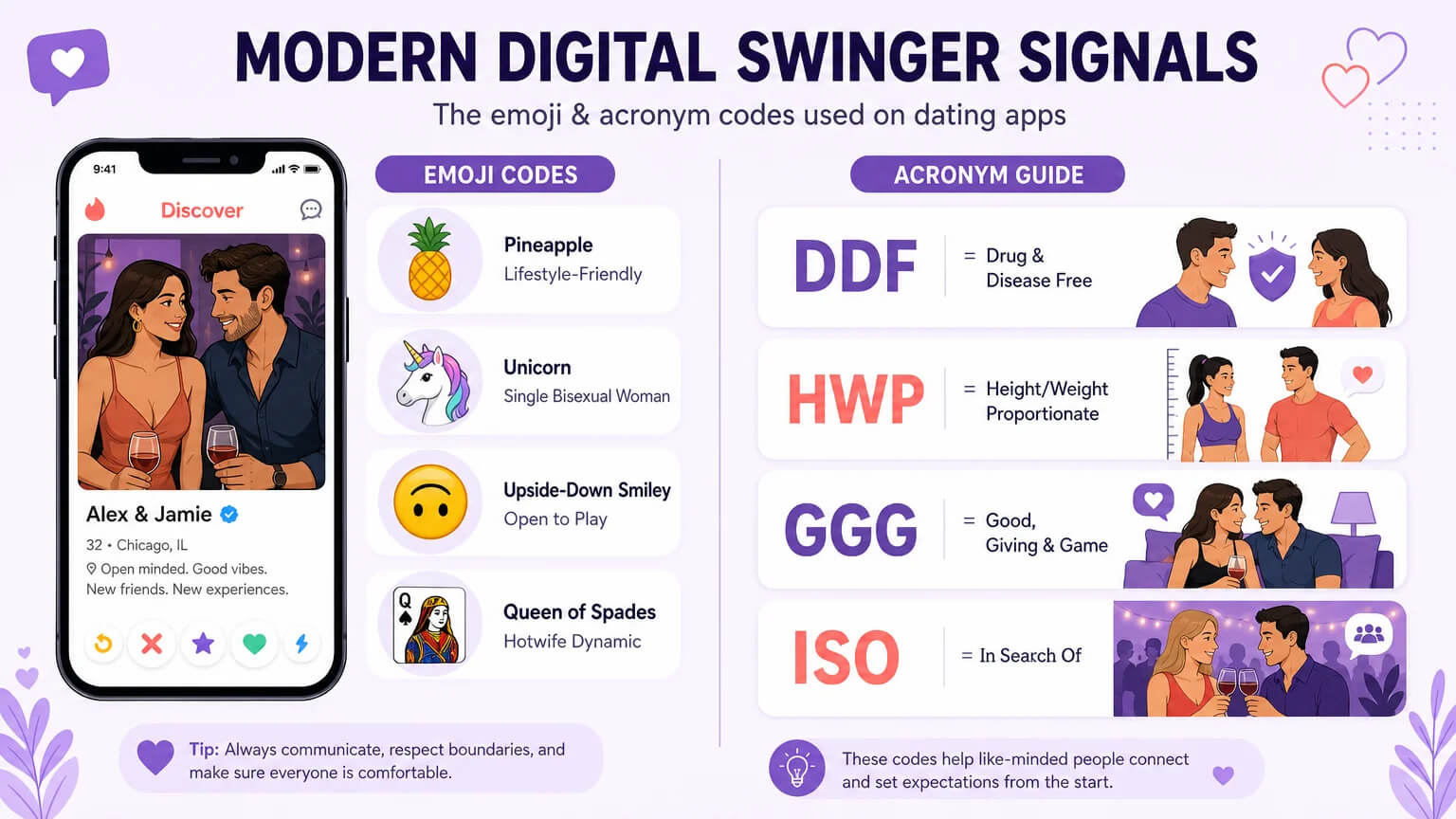 Modern digital swinger signals — emoji codes and acronym shorthand used on dating app profiles