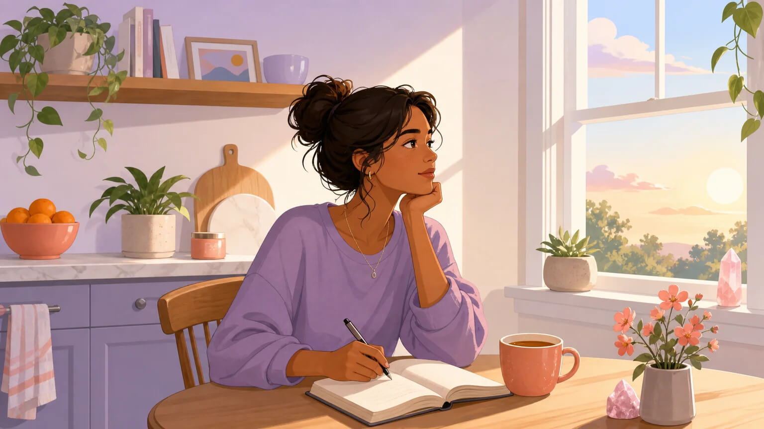 A woman sits alone at a kitchen table in morning light — journal open, tea beside her, the quiet steadiness of someone rebuilding after leaving