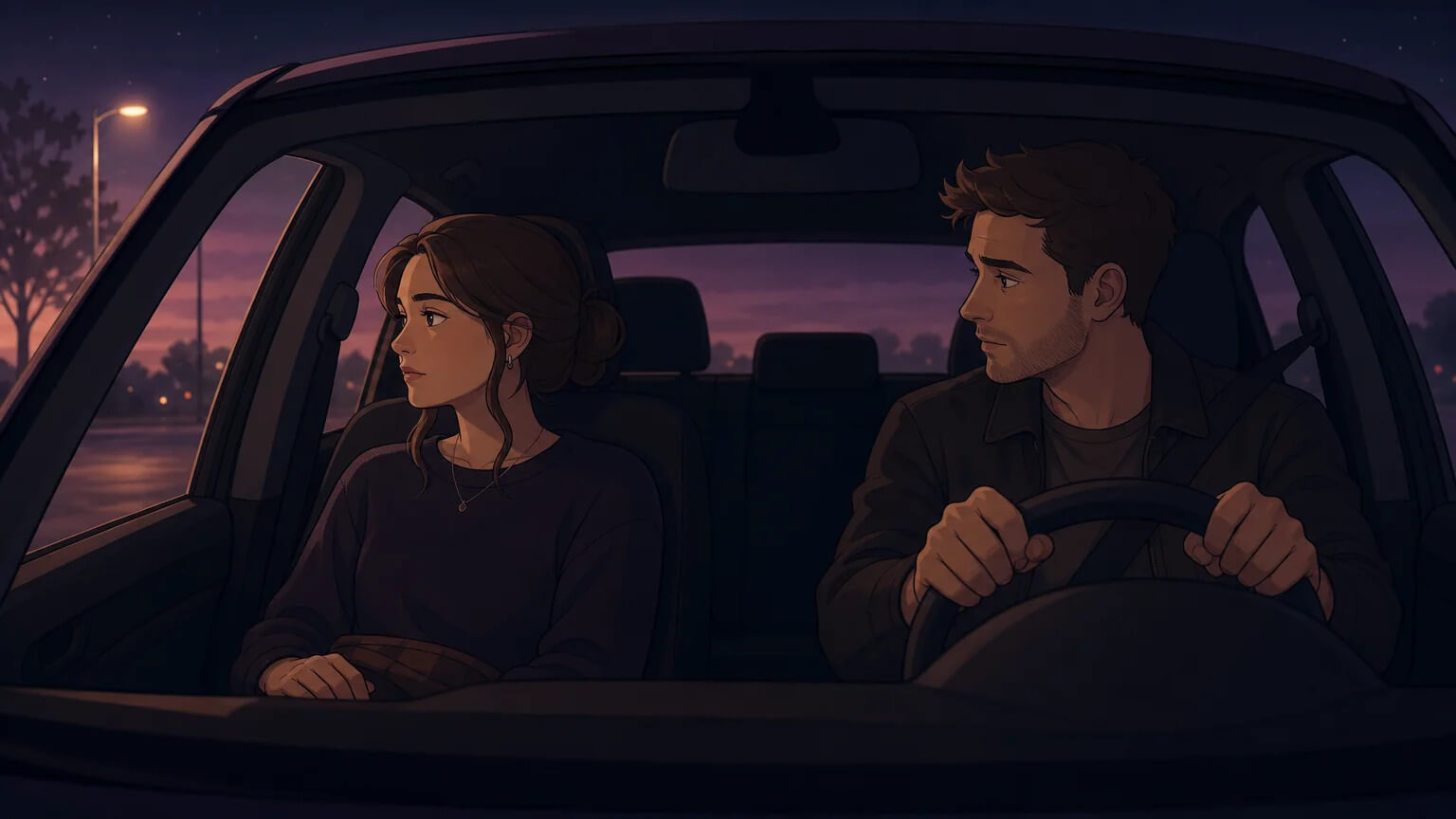 Couple in a car at night, processing together in quiet