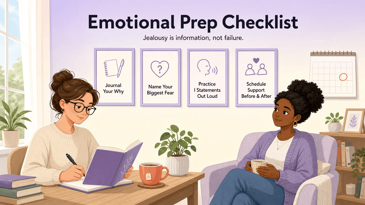 Emotional preparation checklist illustration: journal your why, name your biggest fear, practice I statements, schedule support