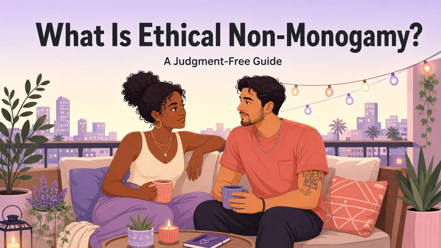 ENM article cover illustration — a couple sitting together on a balcony at dusk, having a quiet intimate conversation under string lights