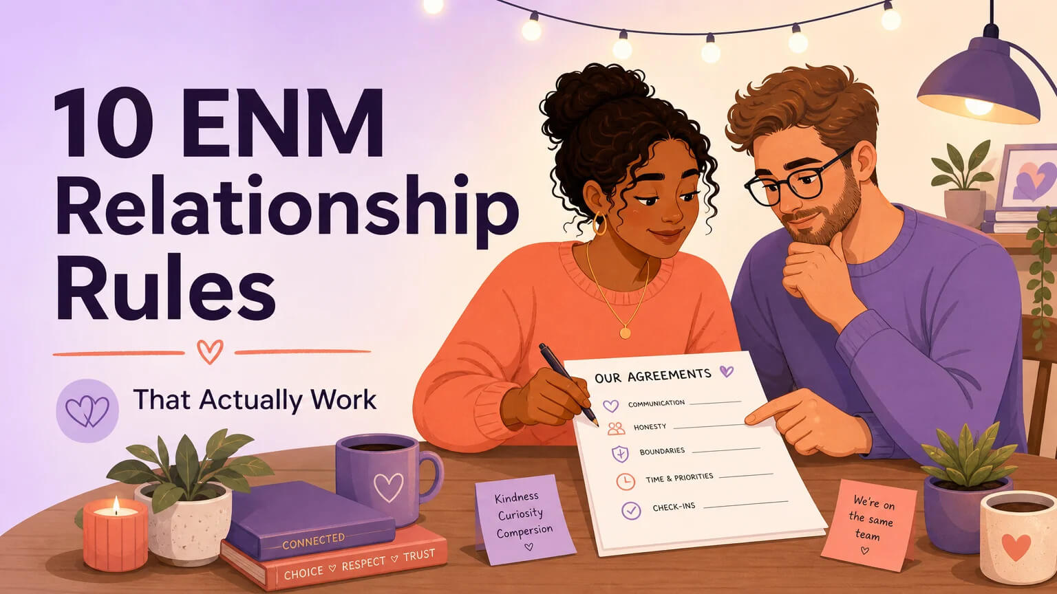 Cover illustration: A couple co-creating relationship agreements at a cozy table under warm lamp light