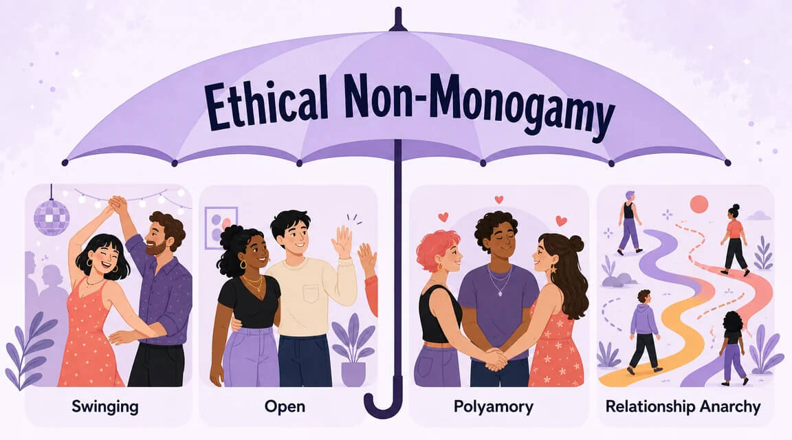 Ethical Non-Monogamy umbrella diagram — four illustrated panels showing Swinging, Open Relationships, Polyamory, and Relationship Anarchy under the ENM umbrella