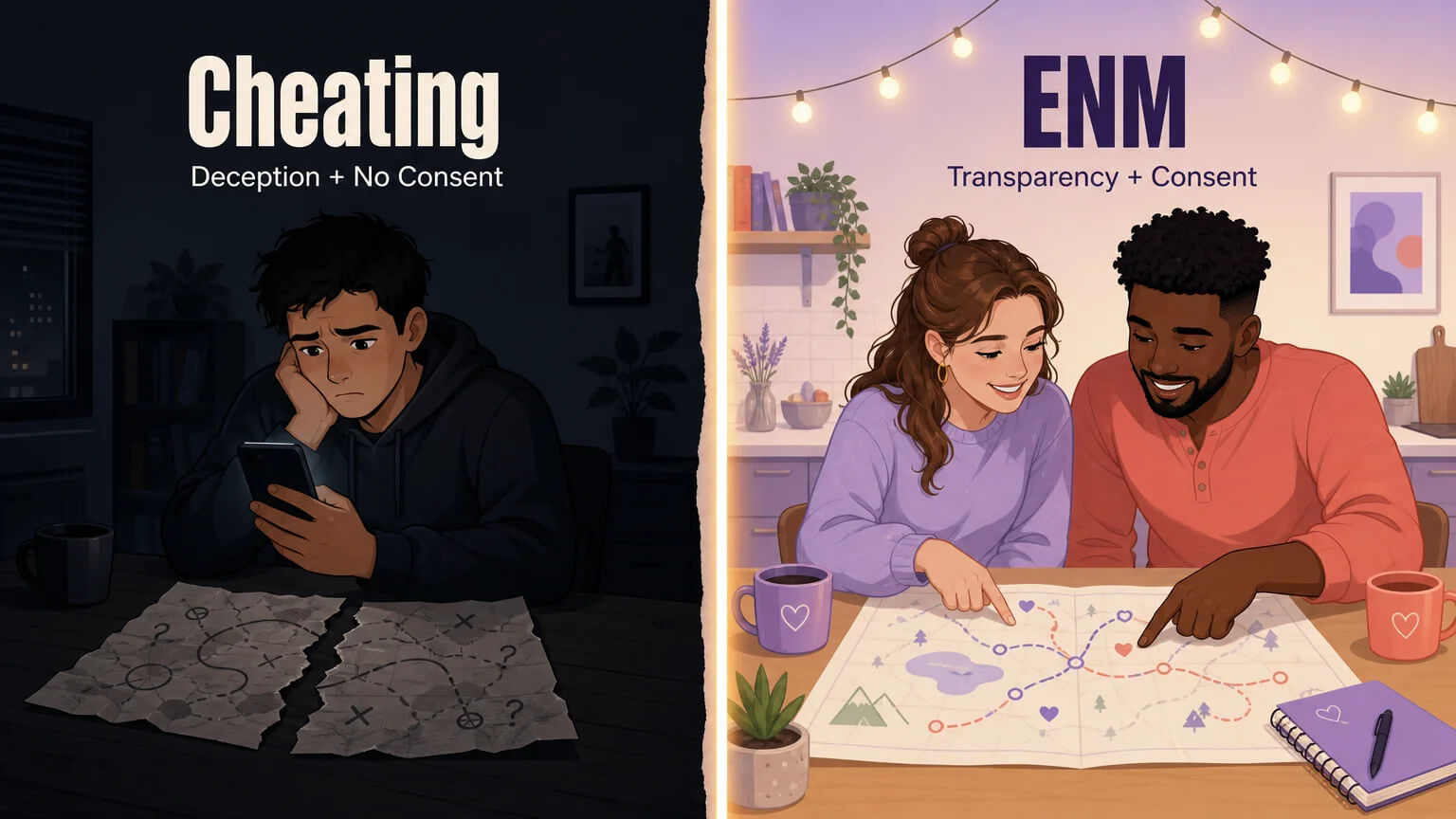 Split-screen visual contrasting Cheating (deception, no consent, dark) with ENM (transparency, consent, light