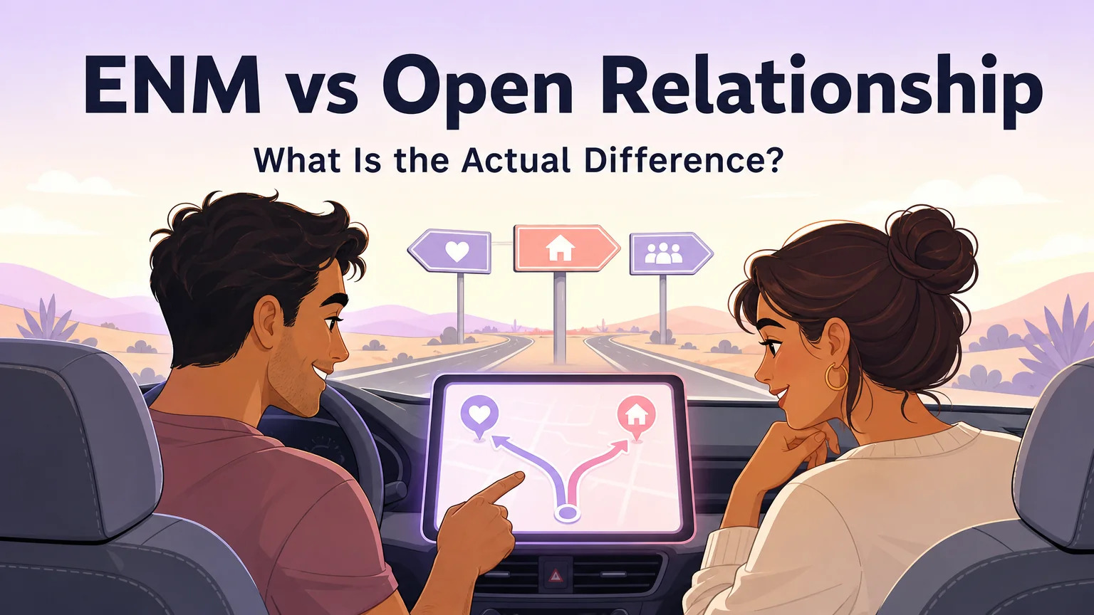 ENM vs Open Relationship cover illustration — couple in a car checking GPS with two diverging routes