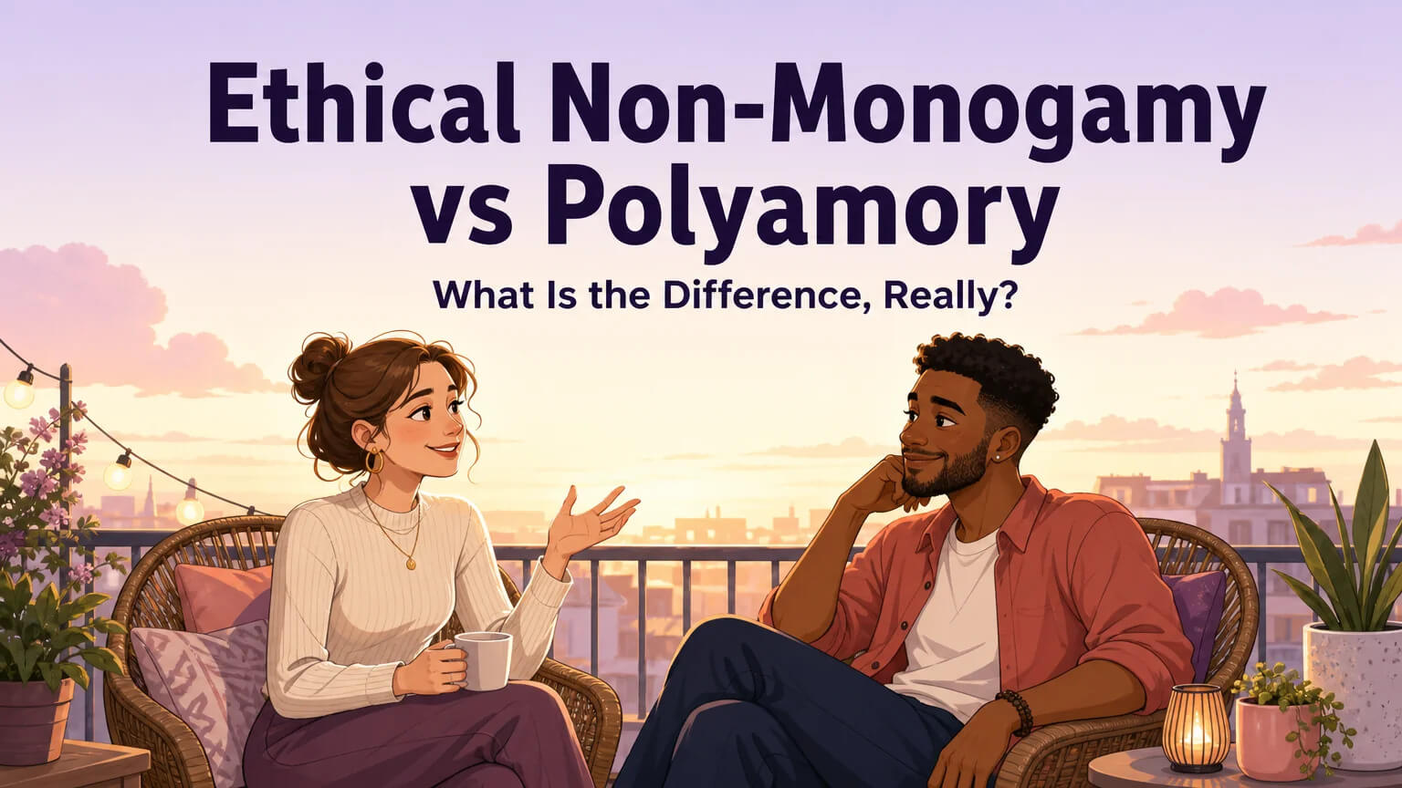 Cover illustration: A couple having an intimate conversation on a balcony at golden hour, with the article title Ethical Non-Monogamy vs Polyamory rendered above