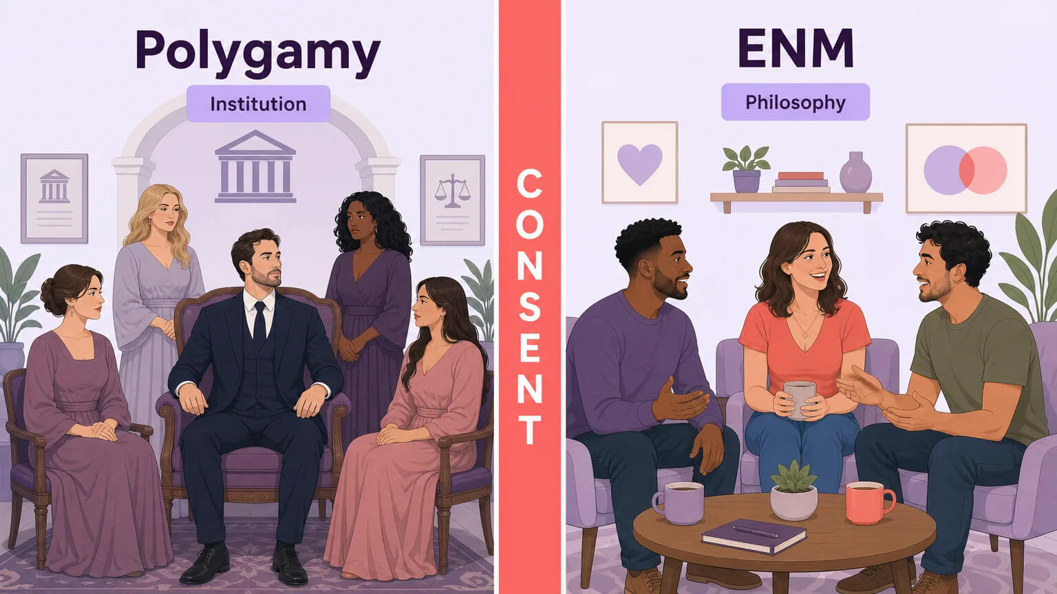 Side-by-side comparison of polygamy as an institution versus ethical non-monogamy as a consent-driven philosophy