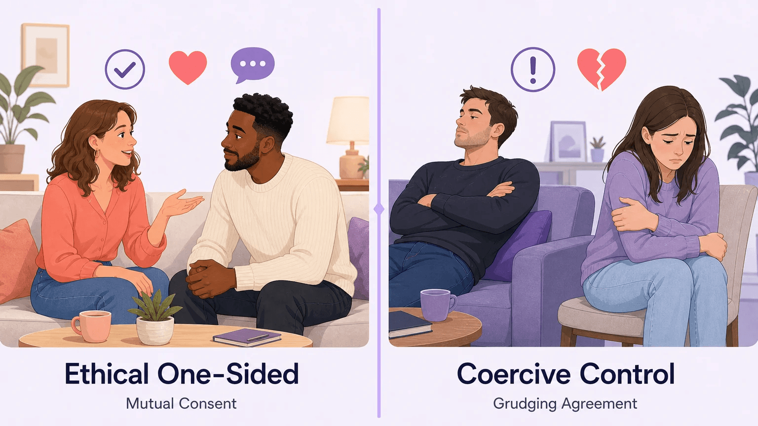 Side-by-side comparison of ethical versus coercive one-sided open relationships. Left panel shows a couple communicating openly with mutual respect — labeled "Ethical One-Sided, Mutual Consent." Right panel shows an unbalanced dynamic with one partner dismissive and the other uncomfortable — labeled "Coercive Control, Grudging Agreement.