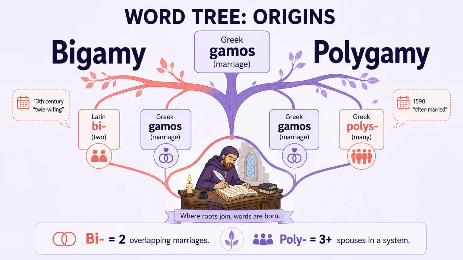 Etymology word tree showing Latin and Greek roots of bigamy and polygamy