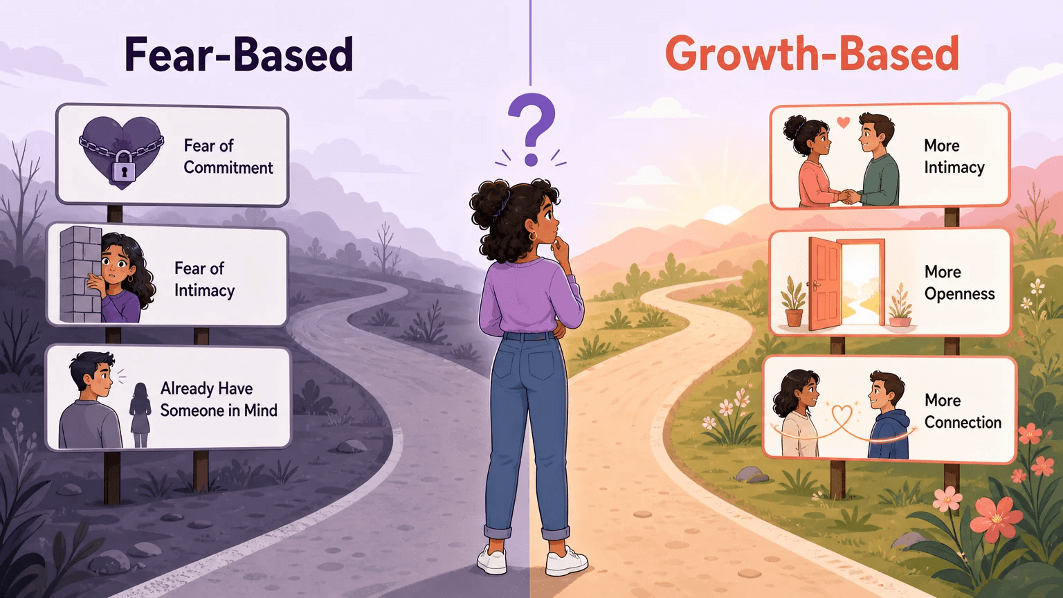 Fear-based vs growth-based motivations comparison: fear of commitment and intimacy versus more intimacy, openness, and connection