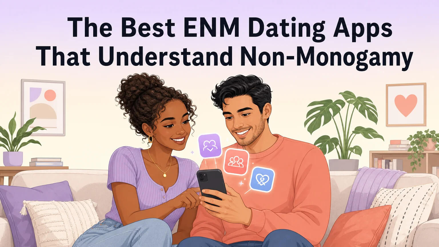A couple sitting together on a sofa, smiling at a phone between them — floating app icons above the screen suggest they are exploring ENM dating apps together as a team