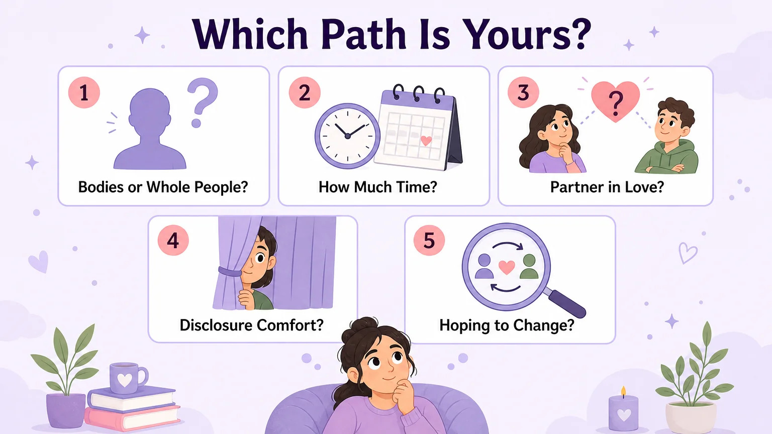 Five-question decision framework: Bodies or Whole People, How Much Time, Partner in Love, Disclosure Comfort, Hoping to Change