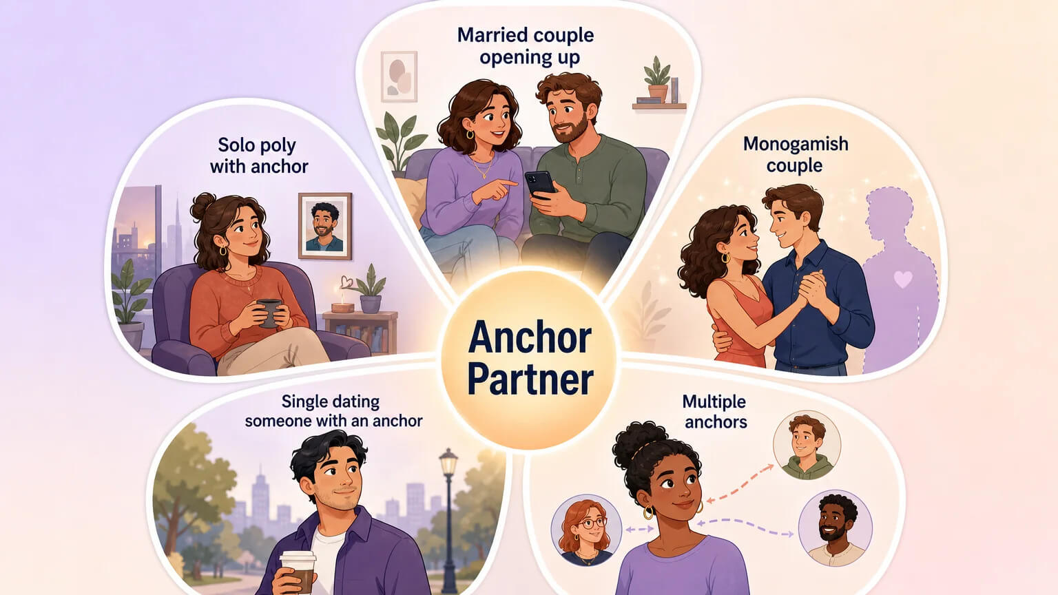 Five relationship configurations where anchor partnerships appear: married couple opening up, solo poly with anchor, monogamish couple, single dating someone with an anchor, and multiple anchors