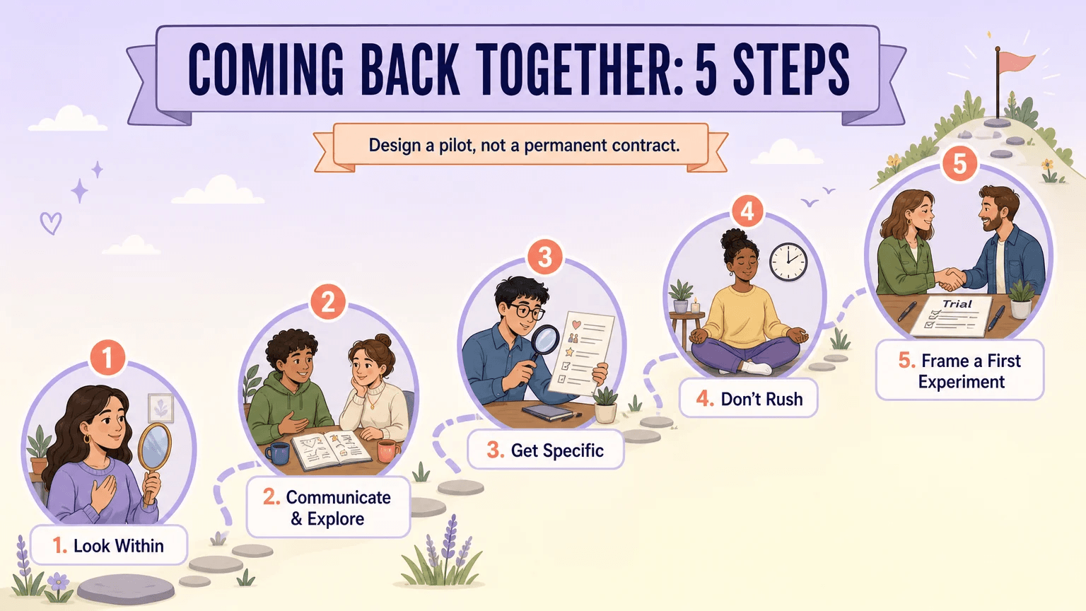 Five steps to come back together after the open relationship conversation: look within, communicate, get specific, don't rush, frame a first experiment