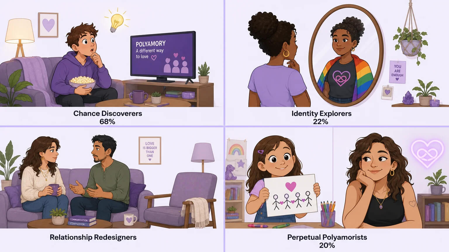 A 2x2 grid showing the four pathways into polyamory: Chance Discoverers watching TV with a lightbulb, Identity Explorers looking in a mirror, Relationship Redesigners on a couch, and Perpetual Polyamorists holding a childhood drawing