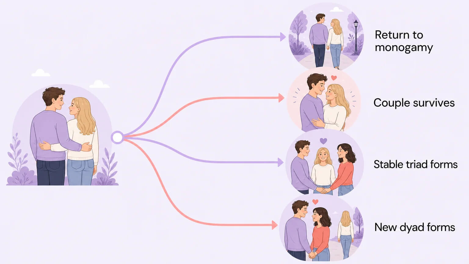 Four possible relationship outcomes — branching paths from a starting couple